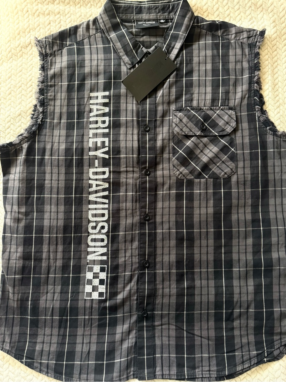 Harley-Davidson Black & Gray Plaid Sleeveless Button Shirt